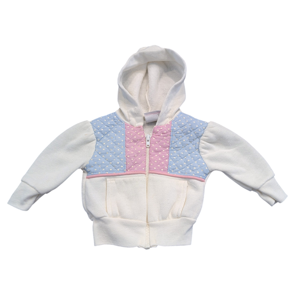 1980's youth pink and blue polka dot zip up hooded sweatshirt